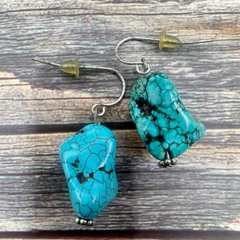 Turquoise Nugget Dangle Earrings Silver Tone Boho Southwestern Statement Gift